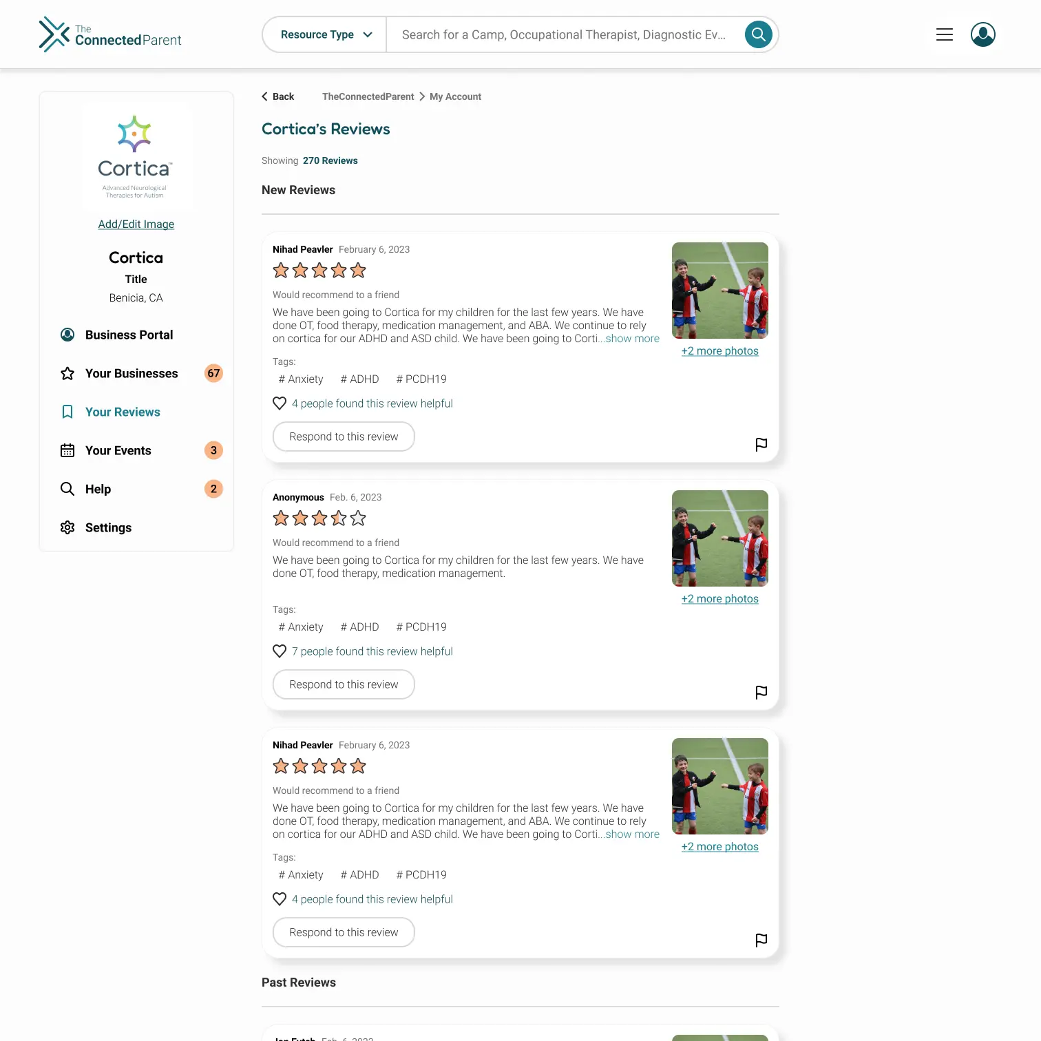 Business Portal reviews screen